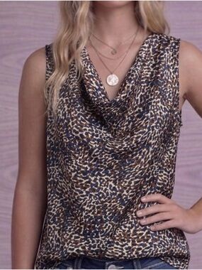 Nine West Cowl Neck Tank Top L Blue Brown Leopard Print Sleeveless Blouse
